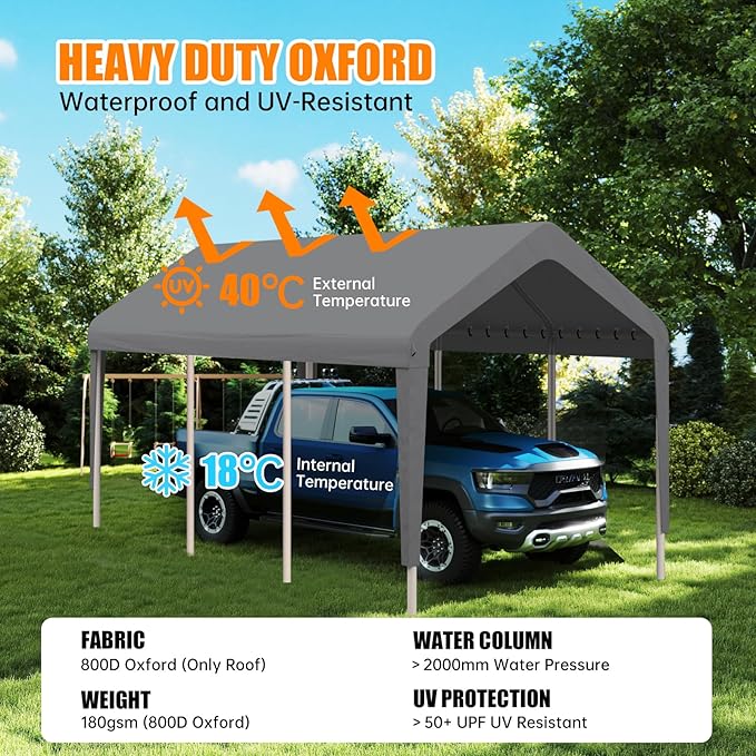 Carport Canopy 10'x20' Heavy Duty Replacement Cover, Garage Shelter Cover 800D Oxford Waterproof & UV Protected Tarp with Ball Bungees, Not Include Frame（Gray）