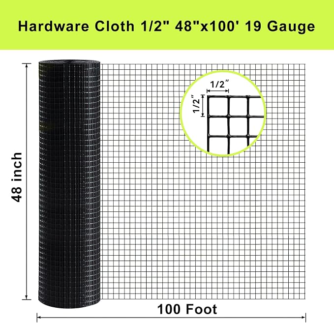 Black Hardware Cloth 48 in × 100 ft, 19 Gauge 1/2 inch Black PVC Vinyl Coated Welded Wire Fence Supports Poultry Netting Chicken Coop Cover Wire Fencing