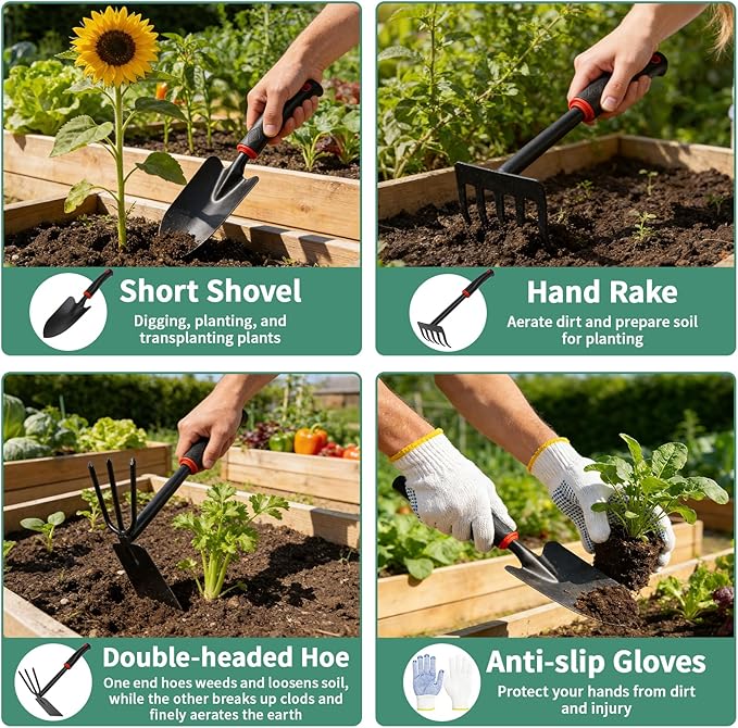 Gardening Tools, Garden Hand Tools for Gardening with Kneeling Pad, Shovel, Pruning Scissors, Repotting Mat, Gloves & Storage Tote Bag, 10Pcs Garden Set Kit Accessories for Women Men