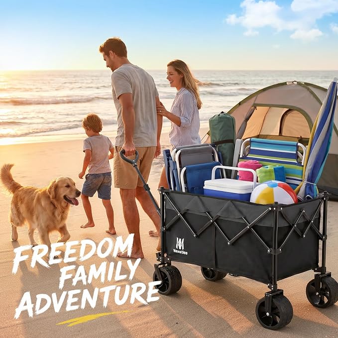 Navatiee 330Lbs Collapsible Folding Wagon, Beach Wagon Cart Heavy Duty Foldable with Big Wheels, Utility Grocery Wagon with 165L Large Capacity for Camping Garden Sports, Black