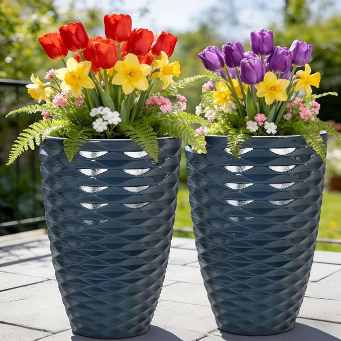 19" H Coastal Planter for Indoor/Outdoor Plants, Set of 2 Large Flower Pot with Drainage Hole, Weather/UV Resistant Resin Planters for Garden Patio Porch Home office Decor, Glossy Navy Blue Wavy