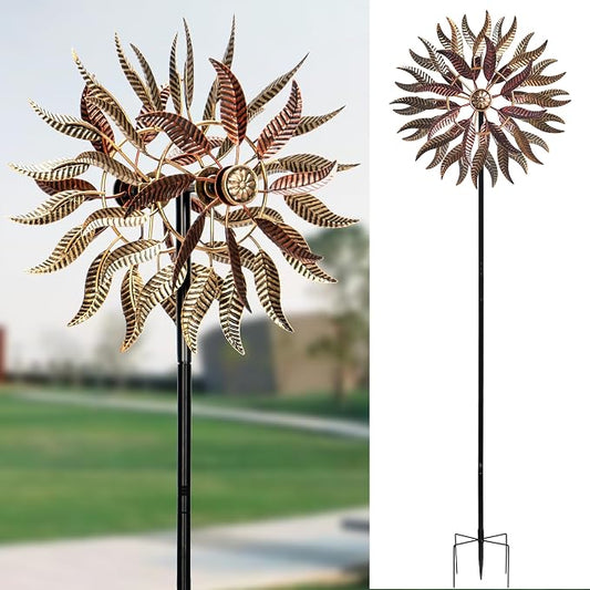 Large Wind Spinners Outdoor Metal, 360° Double-Layer Garden Wind Spinners Sculptures, 63" ×13.4", Kinetic Pinwheels for Yard and Garden Patio & Lawn (Blown)
