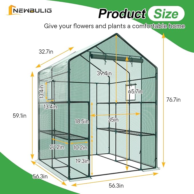 NEWBULIG Outdoor Greenhouse, Walk-in Greenhouse with 2 Tier 8 Plant Shelves, 56"×56"×77" Durable PVC Cover, Portable Greenhouses for Outdoor Garden, Patio, Porch, Backyard Green Houses, Green