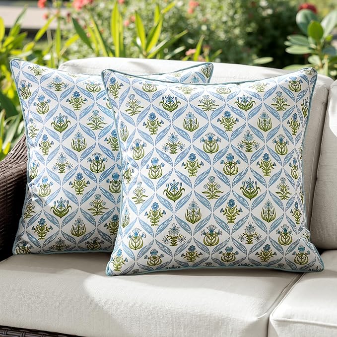 ANRODUO Floral Outdoor Pillow Covers 18x18 Waterproof Set of 2 Block Print Boho Accent Decorative Cushion Cases with Refined Edge Piping for Spring Patio Porch Garden Couch Sofa Bench Decor Blue