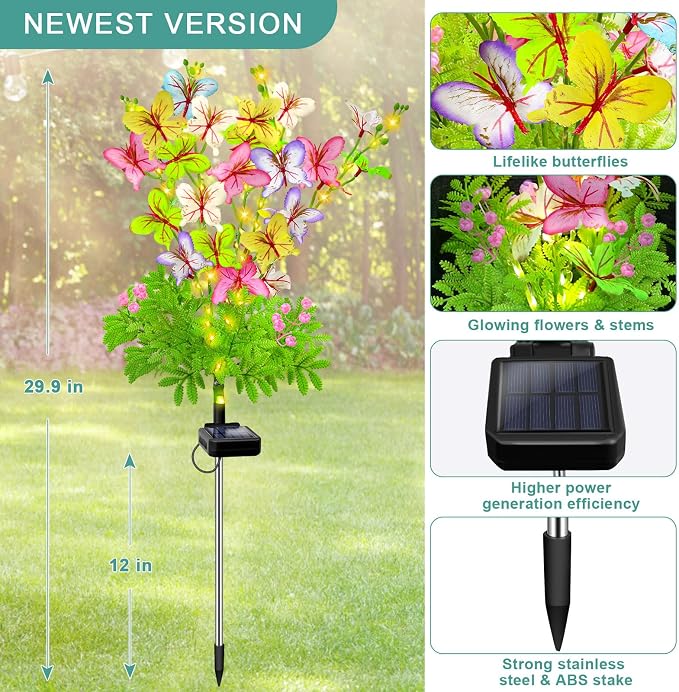 VOOKRY Butterfly Solar Garden Lights Outdoor, 2 Pack Solar Flower Garden Decor, Waterproof Decorative Lights for Outside Patio Yard Pathway Lawn Grave Cemetery, Gardening Gifts for Women Mother's Day