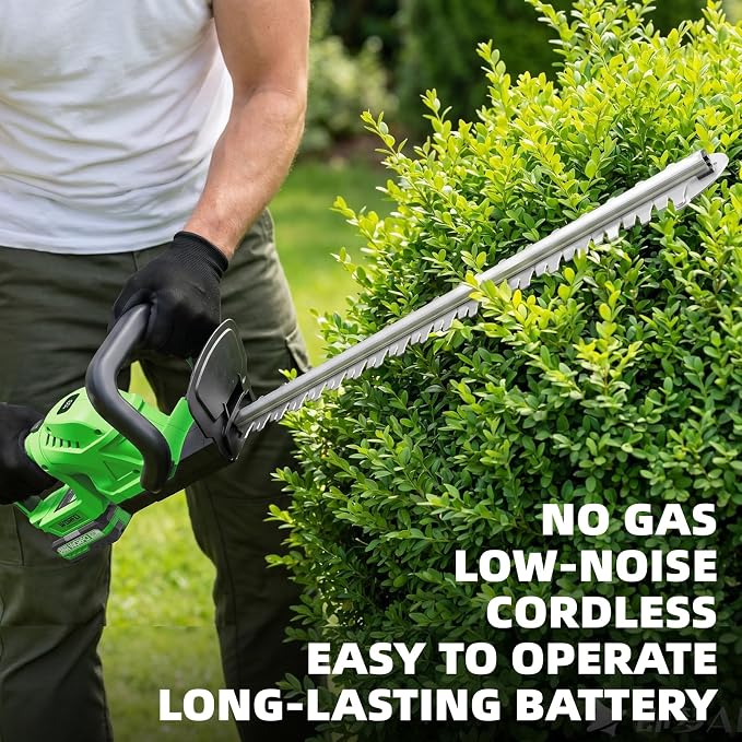 20-Inch Cordless Hedge Trimmer (Includes 2 Batteries and Charger), Electric Handheld Bush Trimmer, 180° Rotatable Handle, Grass Shrub Trimmers, Lightweight & Compact Green