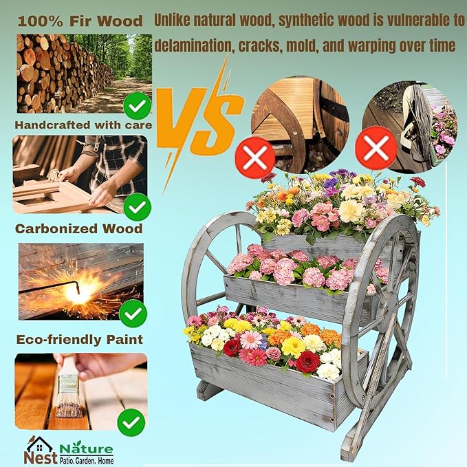 3 Tier Large Wooden Wagon Planter Box|Outdoor Planter/Flower Pot for Indoor&Outdoor Plants-Rustic Garden Planter for Patio,Porch&Garden Decor-Raised Garden Bed for Succulents,Herbs,Vegetables