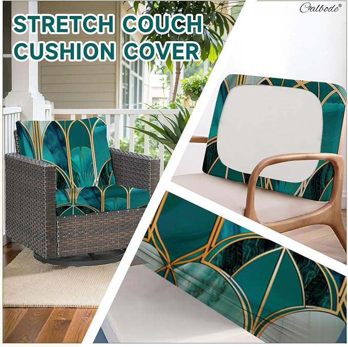 CALBODE 12Pcs Stretch Patio Cushion Cover, Art Deco Geometric Pattern Couch & Sofa Slipcovers for Patio Furniture Cushions Washable Reusable Couch Covers Replacement for All Season(Green, Cover Only)