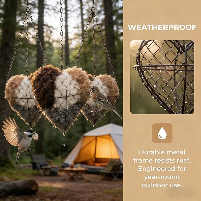 Handmade Alpaca Fiber Bird Nesting Heart – Refillable Bird Haven with 4 Nesting Material Refill Bags – Eco-Friendly Hanging Nest for Hummingbirds & Wild Birds, Garden & Yard Décor (2Sets)