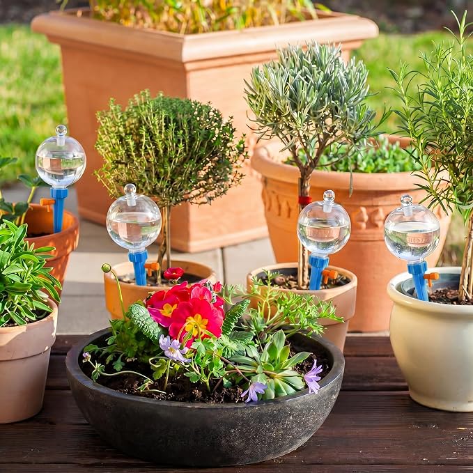 4 Pcs 17oz Plant Self Watering Globes for Indoor Outdoor Adjustable Plants Plastic Water Bulbs Top to Fill Plant Self Watering Planter Insert Water Devices System Spikes Stakes (Blue)