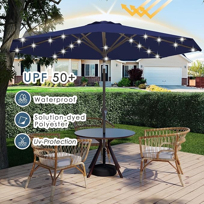 9FT Patio Umbrella with Solar Lights,Outdoor Market Umbrella with Tilt and Crank, LED Lighted Table Umbrella for Garden,Deck,Backyard,Pool,Beach