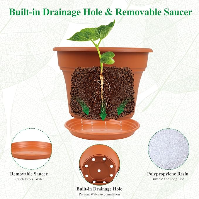 Pottiffe 8 Inch Plastic-Flower Pot-for-Indoor Plants, 4 Pack Large Outdoor Planter Pot with Drainage Holes & Saucers, Resin Decorative Garden Pots Planters