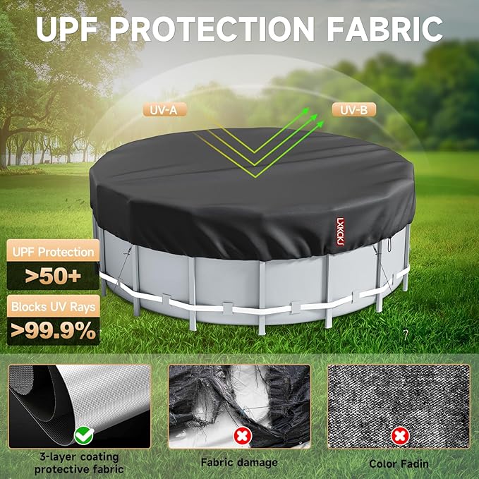 LXKCKJ 16 Ft Pool Cover for Above Ground Pools, Round 420D Oxford Tarp | Tear-Resistant, Waterproof , Windproof With Buckles & Ground Nails Set, UPF50+ UV Protection, Cold-Resistant, Keep Pool Clean