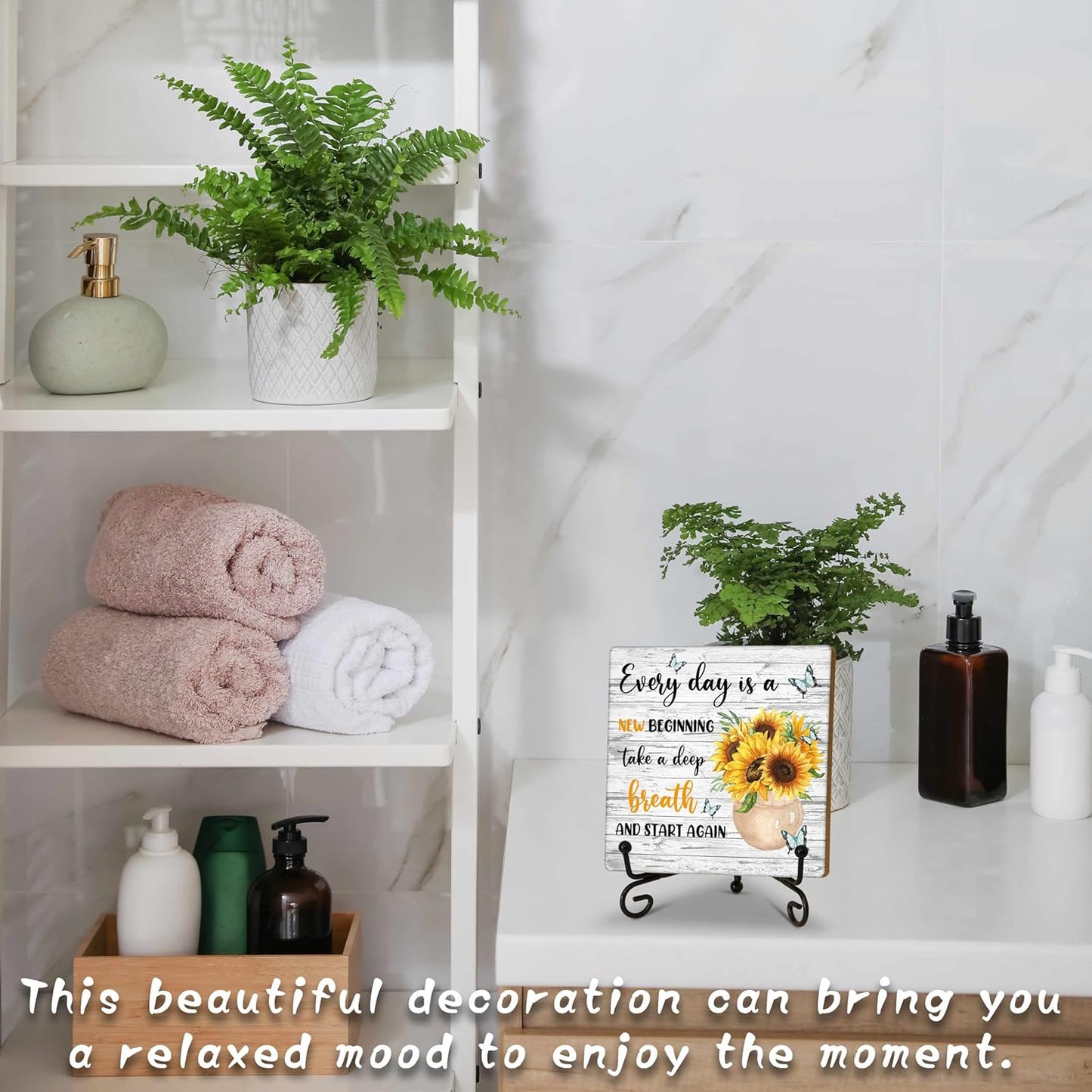 Motivational Gifts Wood Decor Sign, Inspirational Sunflower Wooden Rustic Farmhouse Decor with Stand for Home Desk Tabletop Shelf Decorations (A12)