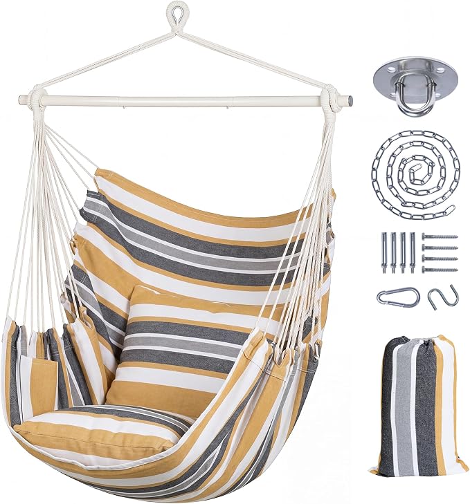 SUNCREAT Hammock Chair Swing with Steel Support Bar, Side Pocket, Large Hanging Chair Outdoor, Max 450lbs Capacity, Coffee Stripes
