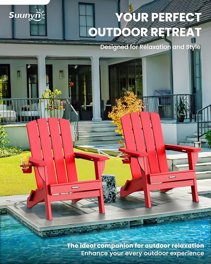 Folding Adirondack Chair 4 Pack, HDPE All-Weather Fire Pit Chairs, Plastic Adirondack Chairs with 2 Cup Holder, Outdoor Lawn Chair for Patio Garden (Red)