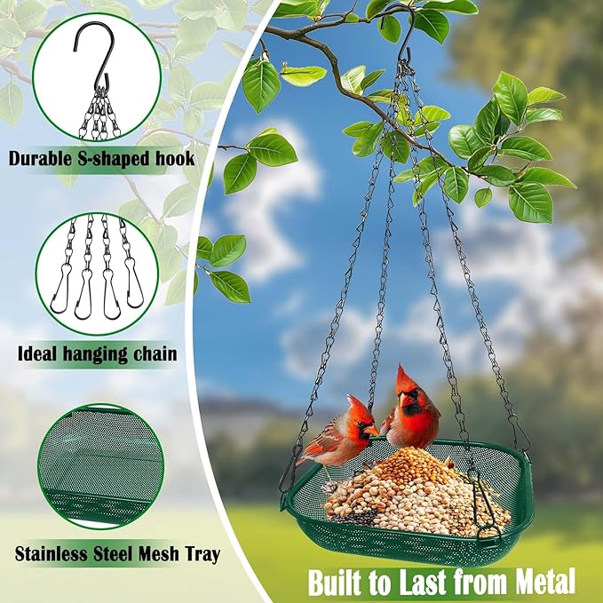 Hanging Bird Feeder for Outdoors – 11 in Square Metal Mesh Bird Feeder Tray Platform for Wild Birds, Green