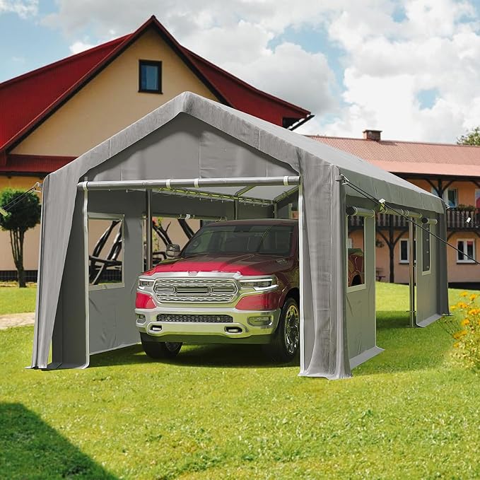 13x20FT Heavy Duty Carport Canopy 4 Roll-Up Doors & 4 Windows Portable Garage All-Season Outdoor Storage Shed for Car Truck Boat Shelter Party Tent, Gray