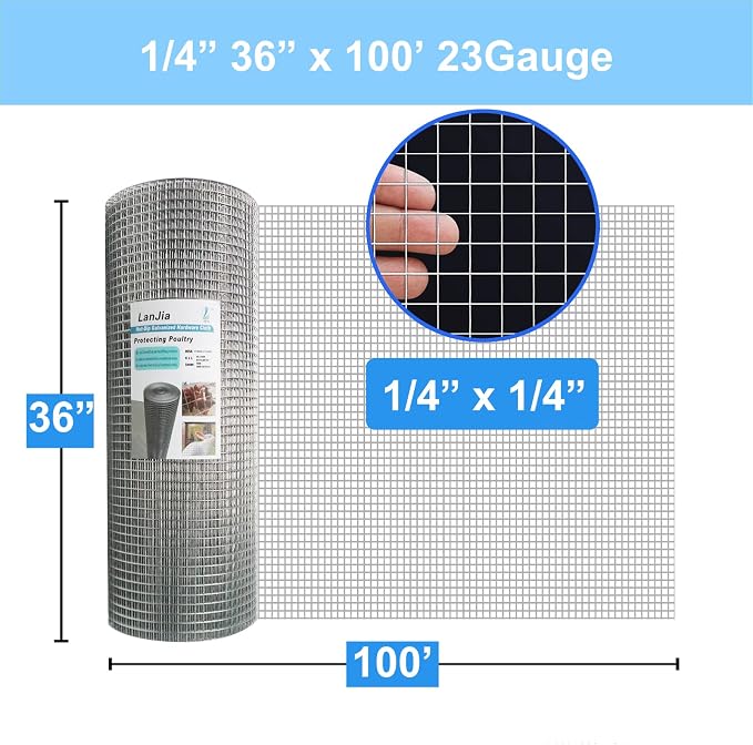 36" x 100' Hardware Cloth 1/4 inch Mesh 23 Gauge-Hot Dip Galvanized After Welding-Chicken Wire Fence Wire Mesh Roll Welded Wire Fencing mesh Wire Cloth Galvanized Wire Mesh Roll Gopher Barrier