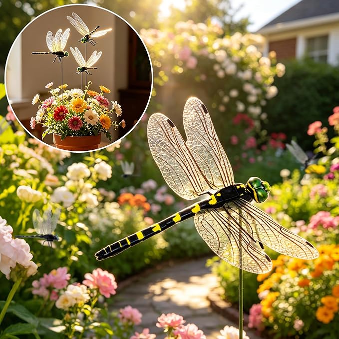 12 Pack 3D Dragonfly Clips, Fake Dragonflies with Stakes, Realistic Plastic Dragonfly Garden Decorations, Fly Deterrent Clips for Hats, Pets, Horses, Deer, Yard, Patio, Indoor & Outdoor Decor
