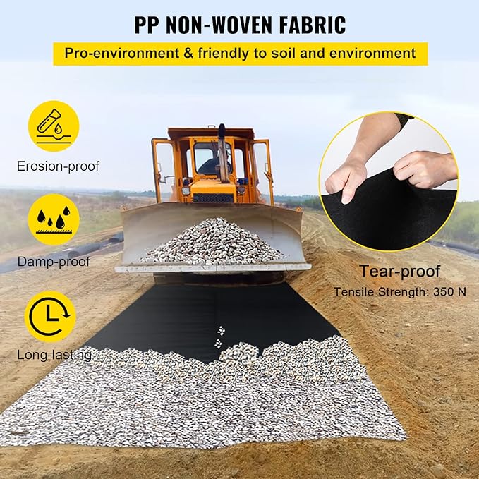 VEVOR Geotextile Landscape, 3ft x 100ft 8 oz, Non-Woven PP Drainage 350N Tensile Strength & 440 N Load Capacity, for Ground Cover, Garden Fabric, French Drains, Black