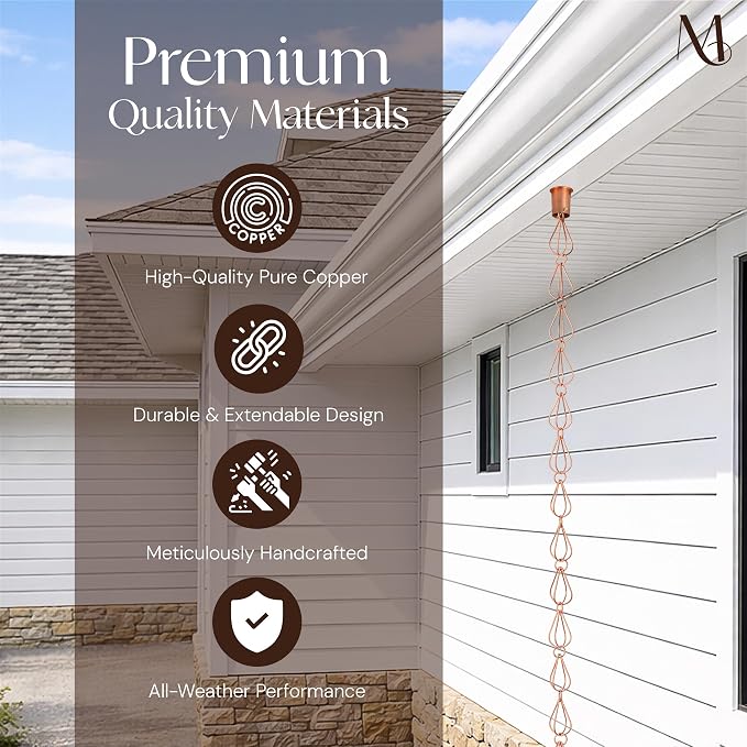 Monarch Rain Chains Pure Copper Teardrop Rain Chains for Gutters – 8.5 ft Decorative Rainchain Outdoor Durable Heavy Duty Gutter Chain Downspout Replacement, Modern Rainchains for Outside
