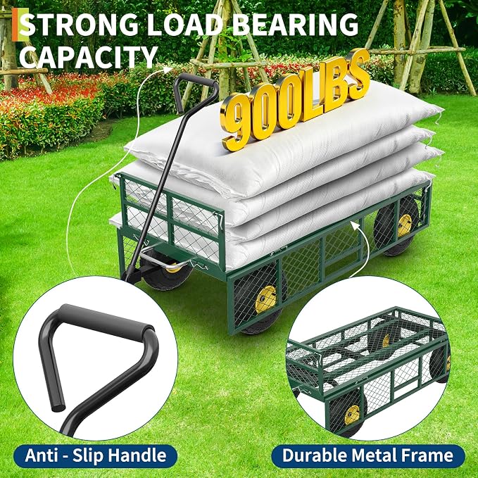 Garvee 900 lbs Steel Garden Dump Cart with Removable Sides, Convert to Flatbed, Heavy Duty Yard Cart with 180°Rotating Handle & 10" All Terrain Wheels, Utility Dump Wagon for Lawn Farm Backyard