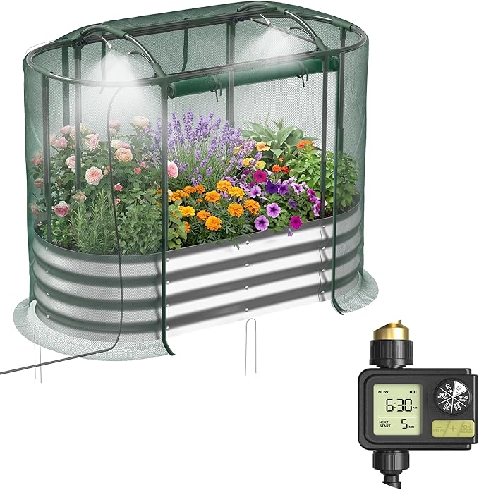 Lineware Raised Garden Bed with Sprinkler Timer and Self-Watering System, 4x2x1 ft Elevated Planter Boxes Outdoor with Mesh Cover, Galvanized Raised Beds for,Vegetables,Flowers, Backyard, Patio