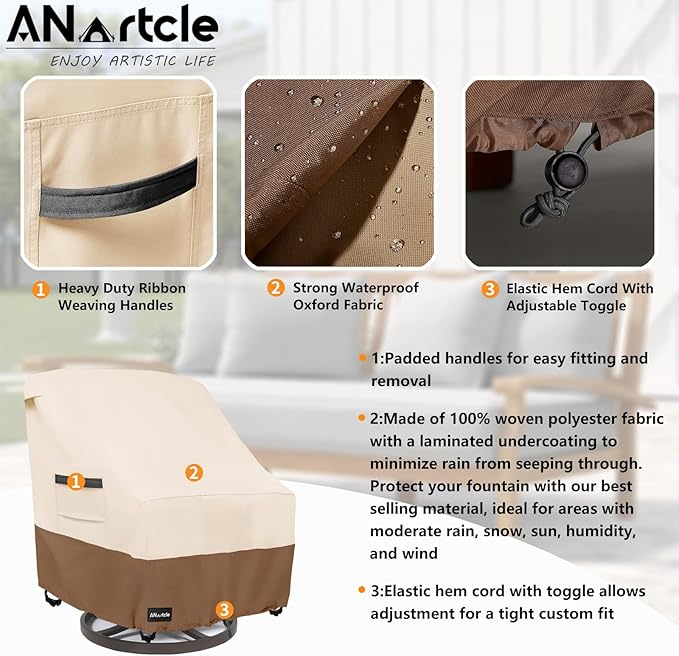 ANartcle Outdoor Swivel Rocker Chair Cover 2 Pack,Patio Swivel Chair Covers for Outdoor Furniture(28W x 33D x 38.5H Inch),Rocking Chair Covers Waterproof,Beige&Brown.