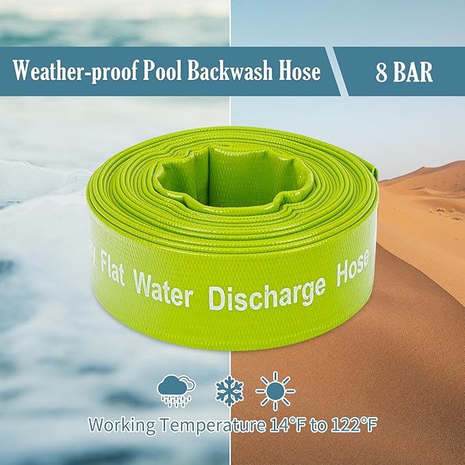 Green Expert 1.5 Inch ID PVC Lay-Flat Discharge Hose Sump Pump Accessory, 25 ft Basement Drain Hose for Water Removal, Steel Clamp Kit Included