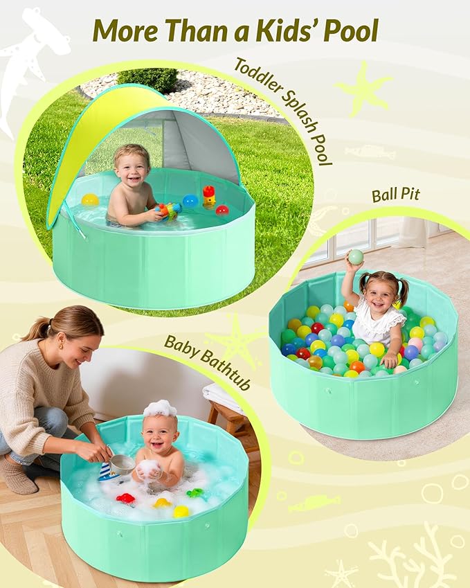 Hikiddy Foldable Kiddie Pool with Canopy: 31.5in/ 47in /63in for Baby Toddler Kids Family - Summer Water Play Pool with Shade - Portable for Outdoor Backyard Beach (Lemon & Mint, 31.5in)