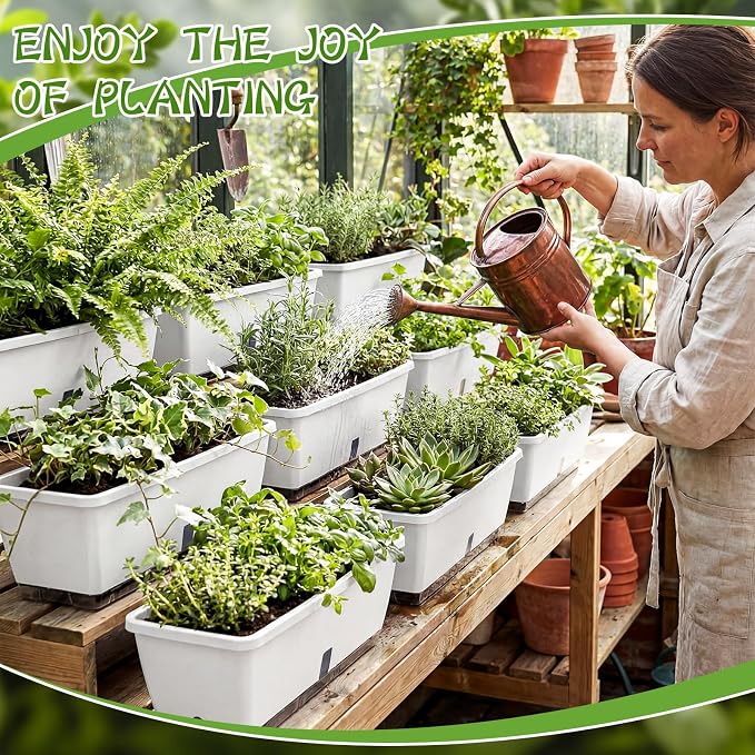 8 Pcs 24 Inch Plastic Flower Window Box Planter with Water Absorbing Net Drainage Holes & Visible Water Level Window, Rectangular Vegetable Flower Pots for Indoor Outdoor (White)