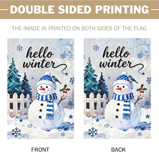 Hello Winter Snowman Garden Flag 12x18 Inch Snowflake Tree January Decorative Yard Flags for Outside Double Sided Christmas Holiday Seasonal Outdoor Home Farmhouse Decoration Porch New Year Decor