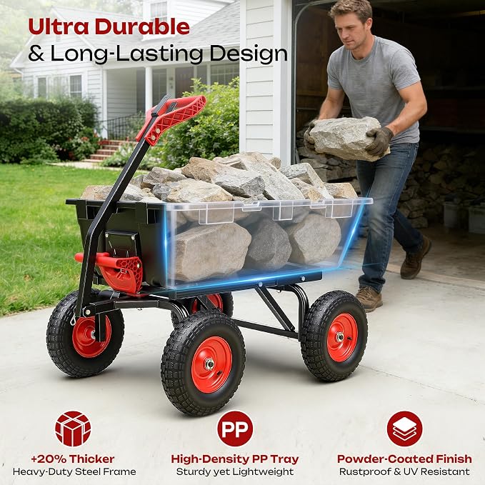 1200lbs Garden Dump Cart,7 Cu.Ft Utility Wagon Cart with Hitch,Heavy Duty Yard Dump Wagon Wheelbarrows with 13" All Terrain Wheels & 2-in-1 Handle,Tow Behind for Lawn Mower Tractor ATV