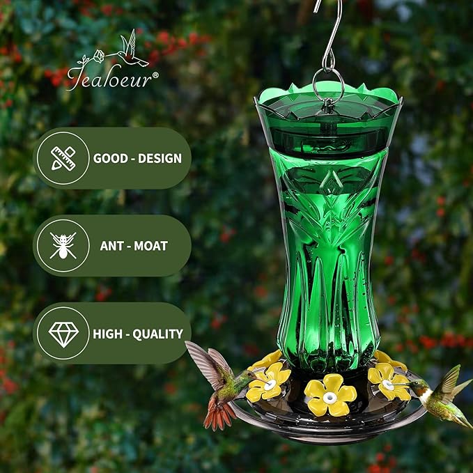 Jealoeur Hummingbird Feeder for Outdoors Hanging, 18 OZ Humming Birds Feeders with 6 Bee Guard Feeding Ports & Built-in Ant Moat, Easy to Clean, Durable Outdoor Garden Decor (Green 1 Pack)