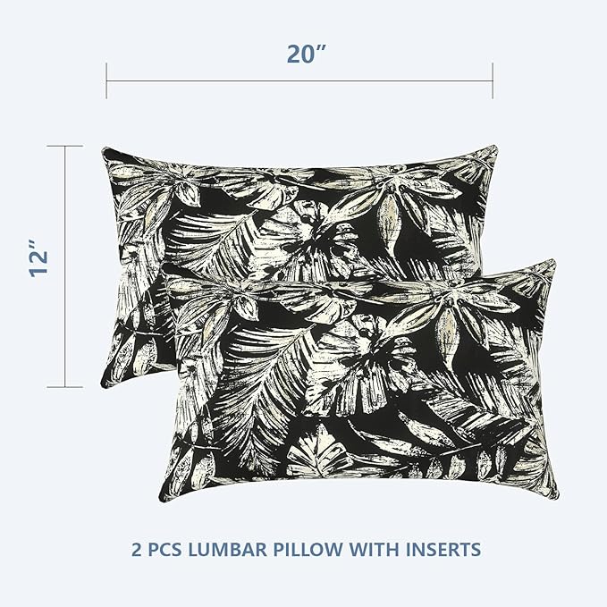 LVTXIII Outdoor/Indoor Lumbar Pillows, Decorative Patio Lumbar Cushions, Fluffy Water Repellent Garden Cushions for Home Patio Coach Sofa Use, 12×20 Inch, Pack of 2, Tropical Leaf Black
