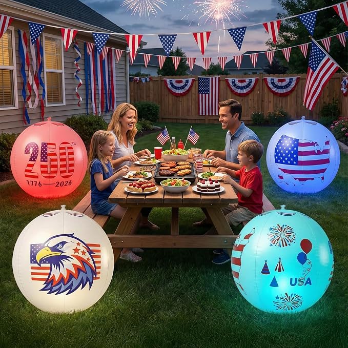 Avatar Controls 4th of July Solar Floating Pool Lights, 16" 4-Pack USA 250th Anniversary Inflatable Balls - Remote 12 Colors, IP68 Waterproof Outdoor Decor for Independence Day & Summer Pool Parties
