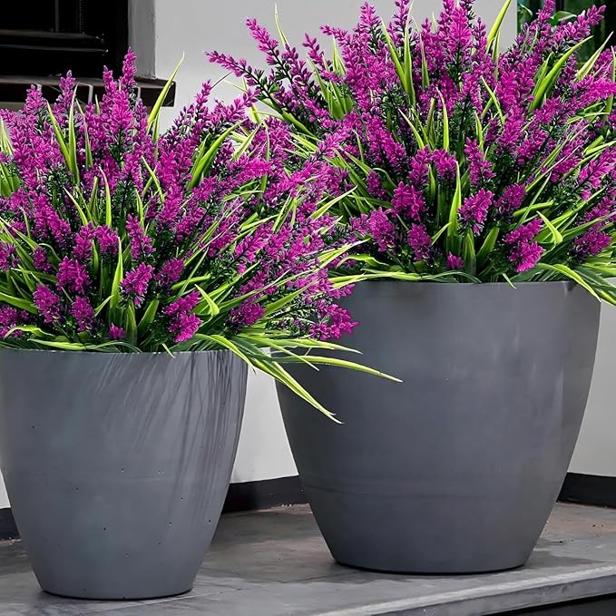 Geegoods Artificial Plants Flowers Outdoor – 48 Bundles UV Resistant Faux Lavender Flowers with Monkey Grass for Garden Porch Window Patio Hanging Planter Decor