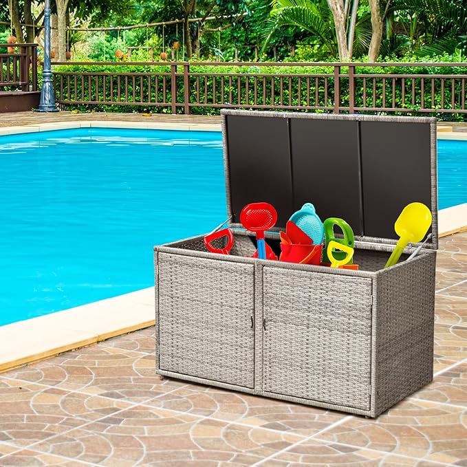 Giantex Rattan Deck Box Outdoor&Indoor 88 Gallon Wicker Storage Box W/Separate Storage Shelf, Openable Door and Tools Storage for Patio,Garden, Balcony, Porch, Yard Rattan Storage Box (Gray)