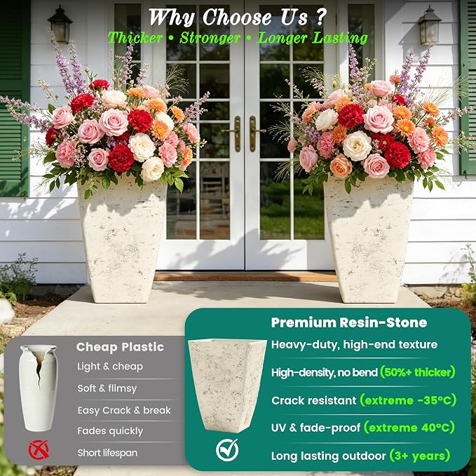 19" H Country White Square Planters for Outdoor Plants, Set of 2 Large Flower Pot with Drainage Hole, Weather-Resistant for Porch,Garden, Patio or Indoor Use
