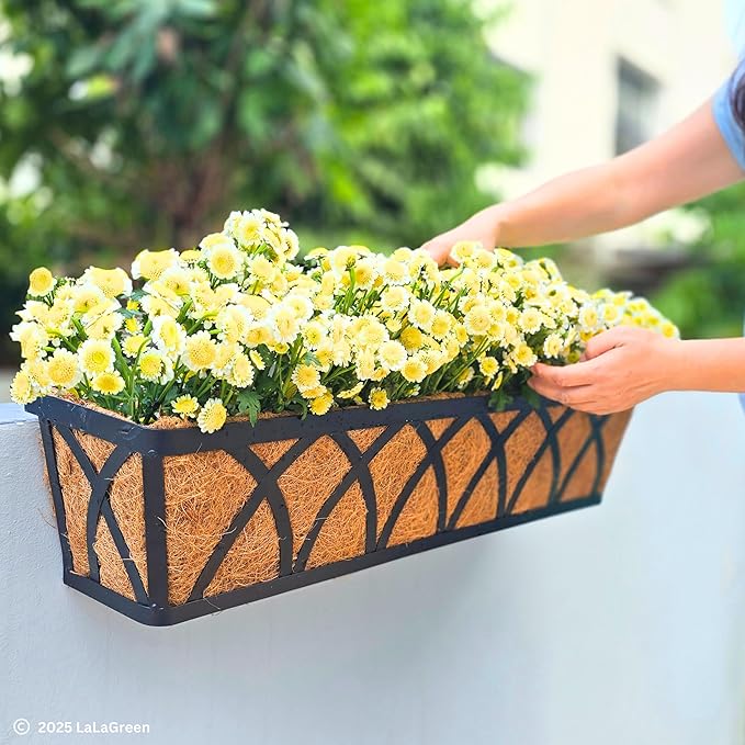 LaLaGreen Railing Planter Boxes (24 Inch, 4 Pack) Black Metal Rectangular Window Flower Box with Coco Liner, Wall Hanging Planters for Outdoor Plants Bracket Holder Deck Rail Fence Balcony Patio Porch