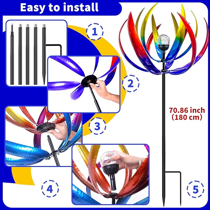 Wind Spinners Outdoor for Yard and Garden - Wind Sculptures & Spinners - 70 Inch Wind Spinner with Solar Powered Multi-Color Glass Ball Light for Yard Garden Backyard Lawn Decorations-Multicolored