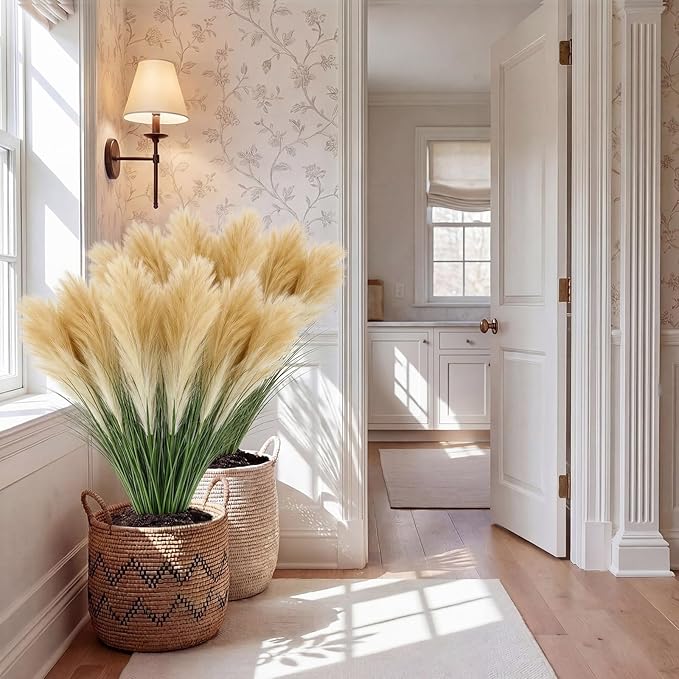 Jexine 15 Pcs Artificial Pampas Grass 31.5" Tall Faux Pampas Stems with 3 Plumes Each and Green Leaves for Boho Floor Vase, Wedding, Living Room Home Decor