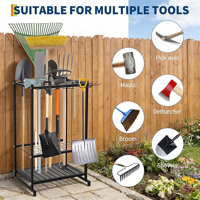 Garden Tool Organizer,3 Tier Yard Storage Rack With 3 Shelves,Heavy Duty Holder With 35 Long-Handled Slots& Hooks for Yard Shed and Lawn