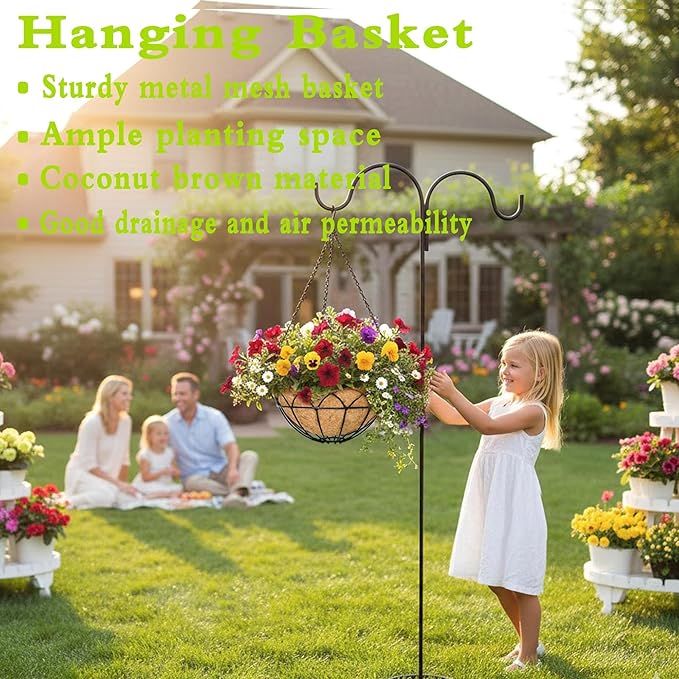 4 Pack 14 Inch Black Wire Hanging Planter with Coir Fiber Outdoor Round Hanging Basket with Metal Chain for Balcony Porch Farmhouse Country Style Garden Decor (Lotus Pattern)