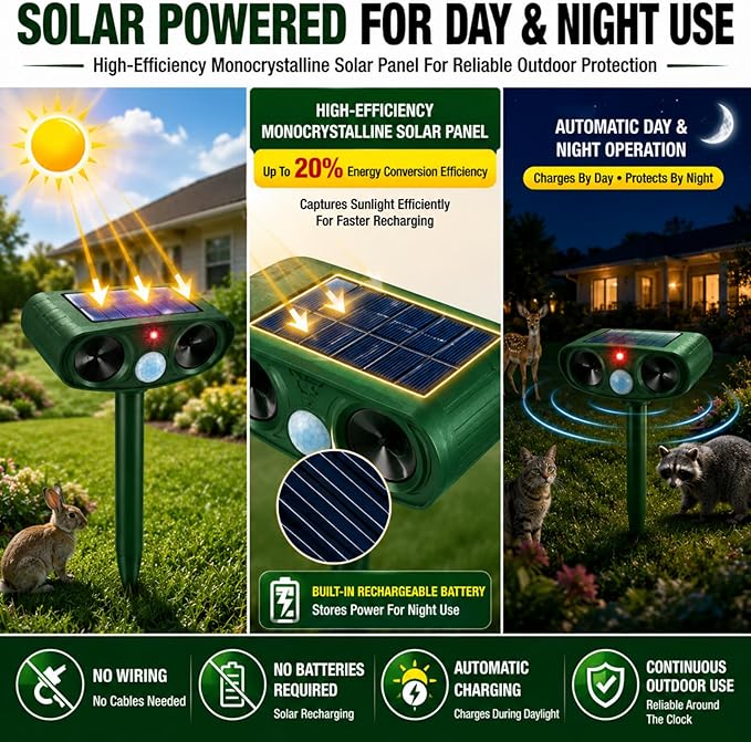 2 Pcs Upgraded Deer Repellent Devices,Solar Animal Repellent Ultrasonic Outdoor for Cats Squirrels Racoons Rabbits Foxs Dogs Skunks,IP65 Waterproof Motion Sensor Animal Repeller Deterrent for Garden
