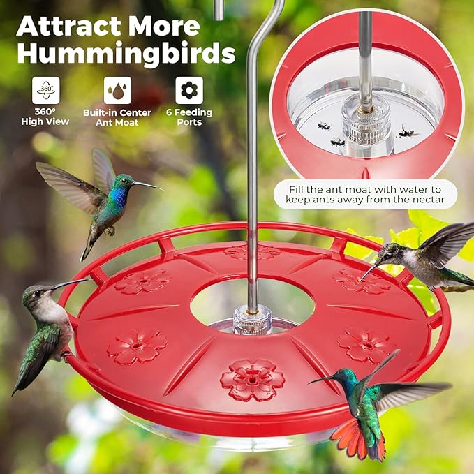 Kingsyard 16 OZ Saucer Hummingbird Feeders for Outdoors Hanging, 6 Bee Proof Feeding Ports Humming Nectar Bird Feeder, Ant Moat Easy to Refill & Clean Leak-Proof, Garden Décor Gifts for Women Mom