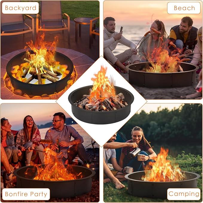 OUSHENG 36 Inch Fire Pit Ring Insert Open Bottom Design for DIY Stone/Brick Fire Pit 39" Outer x 36" Inner Heavy Gauge Steel with Heat-Resistant Coating Easy Assembly, for Backyard Camping Patio