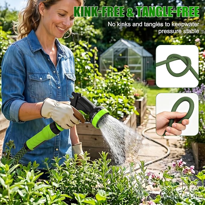 NON-EXPANDABLE Garden Hose 50ft x5/8'', Heavy Duty Flexible Water Hose with 10-Function Sprayer, Lightweight, Leak Proof, Durable Fabric Skin, Pressure Resistant for Yard, Outdoor