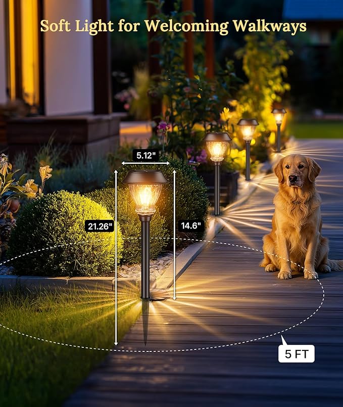 XMCOSY+ Solar Pathway Lights Outdoor, 6 Pack Crackled Glass Solar Garden Lights, Warm White Dusk to Dawn, Waterproof Auto On/Off Landscape Lighting for Yard Walkway Driveway Patio